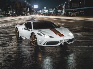 Превью обои ferrari 458, ferrari, автомобиль, белый, ночь, дорога