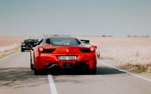 Превью обои ferrari 458, ferrari, красный, спорткар, вид сзади, дорога, движение