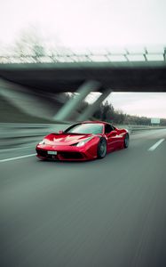 Превью обои ferrari 458 italia, ferrari, автомобиль, спорткар, красный, скорость, дорога