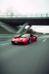 Превью обои ferrari 458 italia, ferrari, автомобиль, спорткар, красный, скорость, дорога