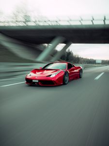 Превью обои ferrari 458 italia, ferrari, автомобиль, спорткар, красный, скорость, дорога