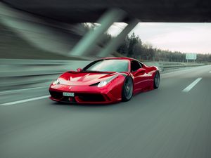 Превью обои ferrari 458 italia, ferrari, автомобиль, спорткар, красный, скорость, дорога