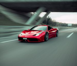 Превью обои ferrari 458 italia, ferrari, автомобиль, спорткар, красный, скорость, дорога