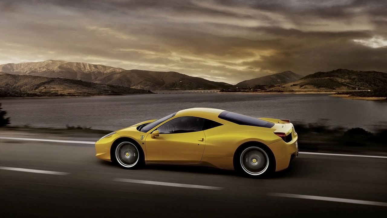 Обои ferrari 458 italia, желтый, авто, вид сбоку, скорость
