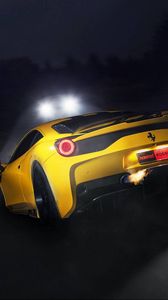 Превью обои ferrari, 458 speciale, желтый, фары, вид сзади