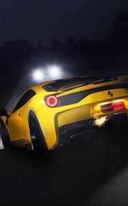 Превью обои ferrari, 458 speciale, желтый, фары, вид сзади