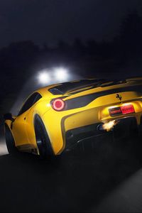 Превью обои ferrari, 458 speciale, желтый, фары, вид сзади