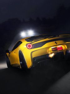 Превью обои ferrari, 458 speciale, желтый, фары, вид сзади