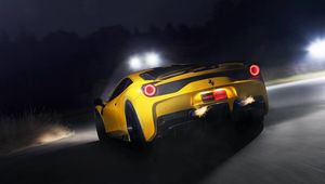 Превью обои ferrari, 458 speciale, желтый, фары, вид сзади