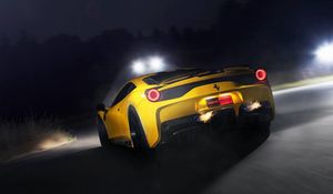 Превью обои ferrari, 458 speciale, желтый, фары, вид сзади