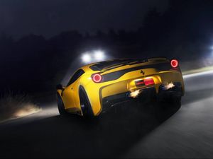 Превью обои ferrari, 458 speciale, желтый, фары, вид сзади