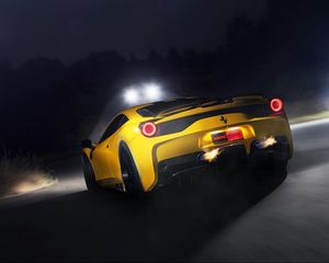 Превью обои ferrari, 458 speciale, желтый, фары, вид сзади