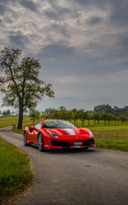 Превью обои ferrari, автомобиль, спорткар, вид сбоку, красный, дорога