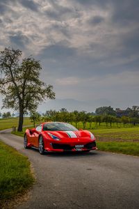 Превью обои ferrari, автомобиль, спорткар, вид сбоку, красный, дорога