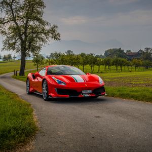 Превью обои ferrari, автомобиль, спорткар, вид сбоку, красный, дорога
