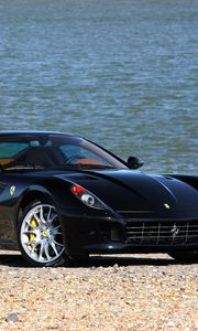 Превью обои ferrari, черный, вид спереди, берег