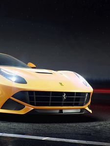 Превью обои ferrari, f12, berlinetta, желтый, вид сбоку