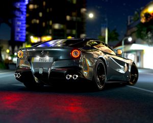 Превью обои ferrari f12, ferrari, спорткар, гонка, вид сзади