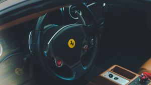Превью обои ferrari, машина, салон, руль, кожаный