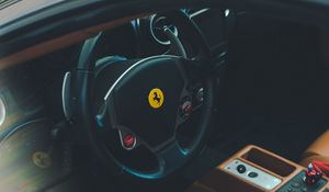 Превью обои ferrari, машина, салон, руль, кожаный