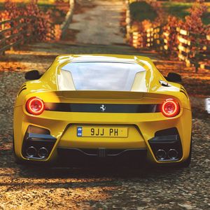 Превью обои ferrari, спорткар, желтый, вид сзади