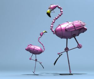 Превью обои фламинго, робот, розовый, детеныш, фигурки