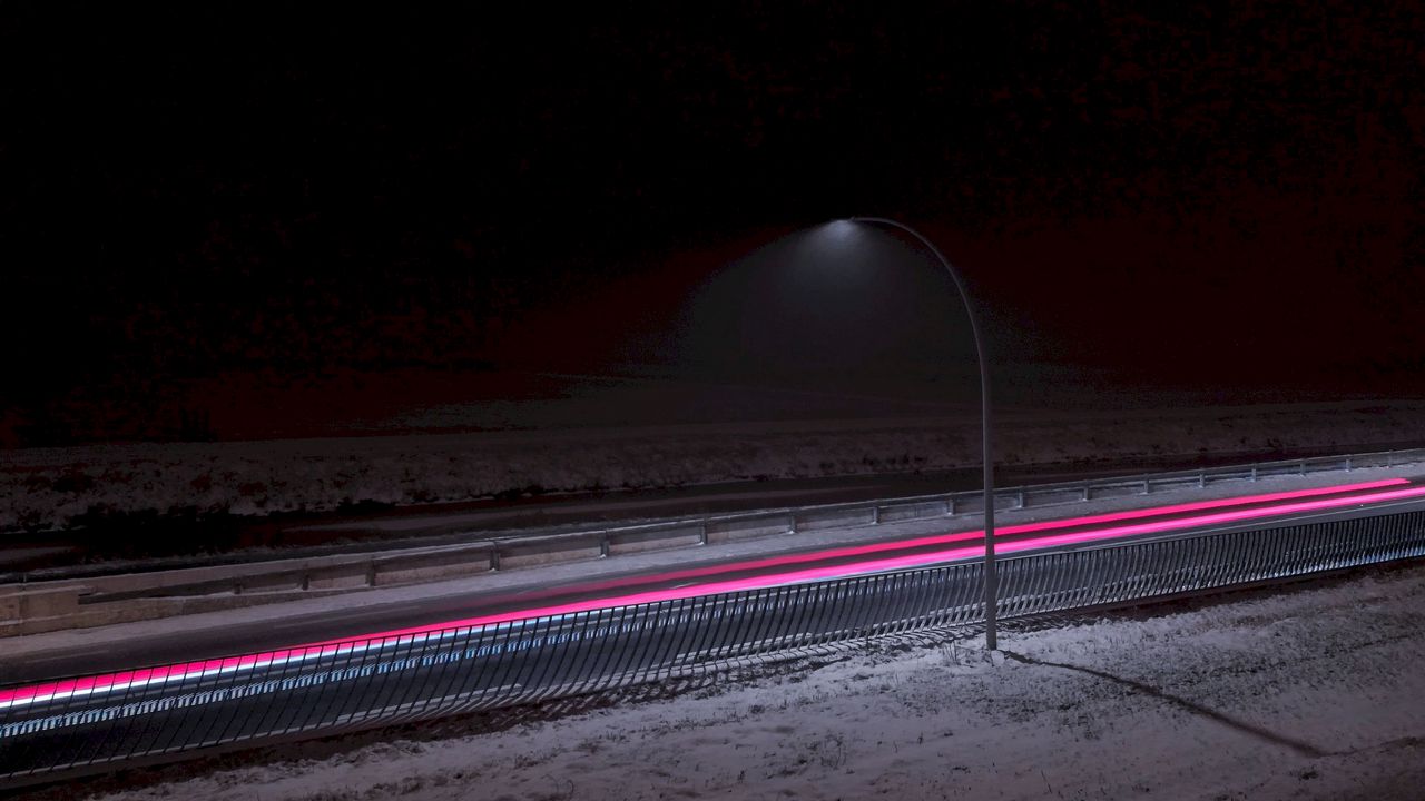 Обои фонарь, дорога, длительное воздействие, снег