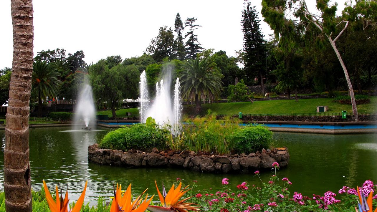 Обои фонтан, пруд, сад, оформление, цветы, желтые, ярко