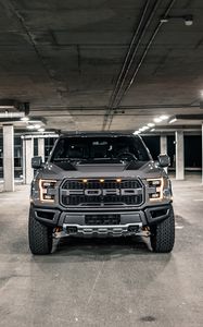 Превью обои ford f-150, ford, автомобиль, внедорожник, серый, вид спереди