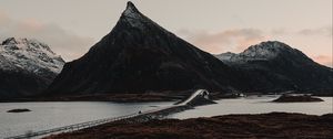 Превью обои фьорд, горы, мост, переправа, лофотен, норвегия