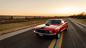 Превью обои ford, mustang, 1970, красный, вид сбоку