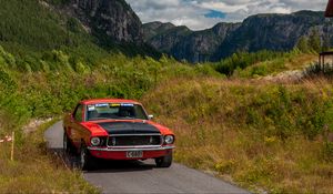 Превью обои ford mustang, автомобиль, маслкар, красный, дорога, горы