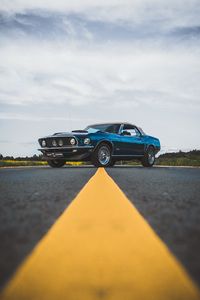 Превью обои ford mustang, автомобиль, синий, вид сбоку, дорога, асфальт