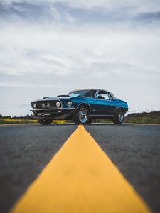 Превью обои ford mustang, автомобиль, синий, вид сбоку, дорога, асфальт