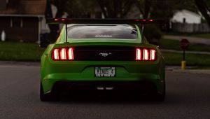 Превью обои ford mustang, автомобиль, зеленый, вид сзади