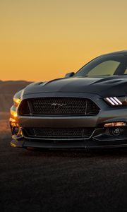 Превью обои ford mustang, ford, бампер, серый, закат