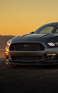 Превью обои ford mustang, ford, бампер, серый, закат