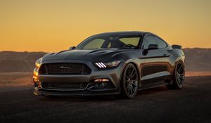 Превью обои ford mustang, ford, бампер, серый, закат