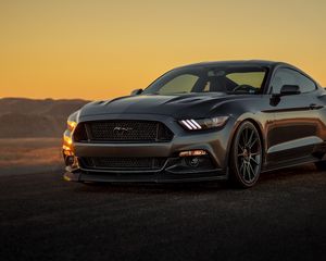 Превью обои ford mustang, ford, бампер, серый, закат