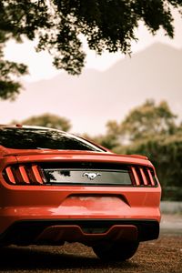 Превью обои ford mustang, ford, машина, красный, вид сзади, парковка