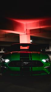 Превью обои ford mustang, ford, машина, зеленый, темный, вид спереди