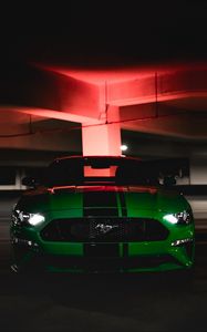 Превью обои ford mustang, ford, машина, зеленый, темный, вид спереди
