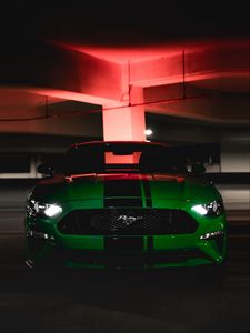 Превью обои ford mustang, ford, машина, зеленый, темный, вид спереди