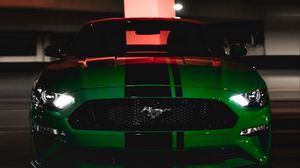 Превью обои ford mustang, ford, машина, зеленый, темный, вид спереди