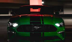 Превью обои ford mustang, ford, машина, зеленый, темный, вид спереди