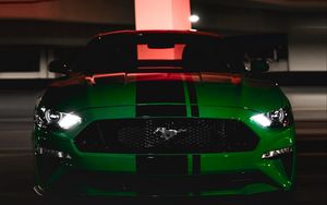 Превью обои ford mustang, ford, машина, зеленый, темный, вид спереди