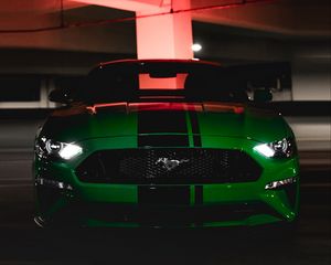 Превью обои ford mustang, ford, машина, зеленый, темный, вид спереди