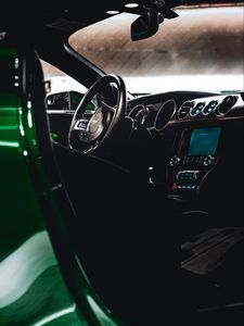 Превью обои ford mustang, ford, машина, салон, руль, панель управления