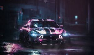 Превью обои ford mustang gtr, ford, машина, неон, ночь, мокрый