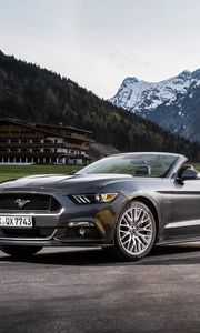 Превью обои ford mustang, кабриолет, горы, желтый, серебристый